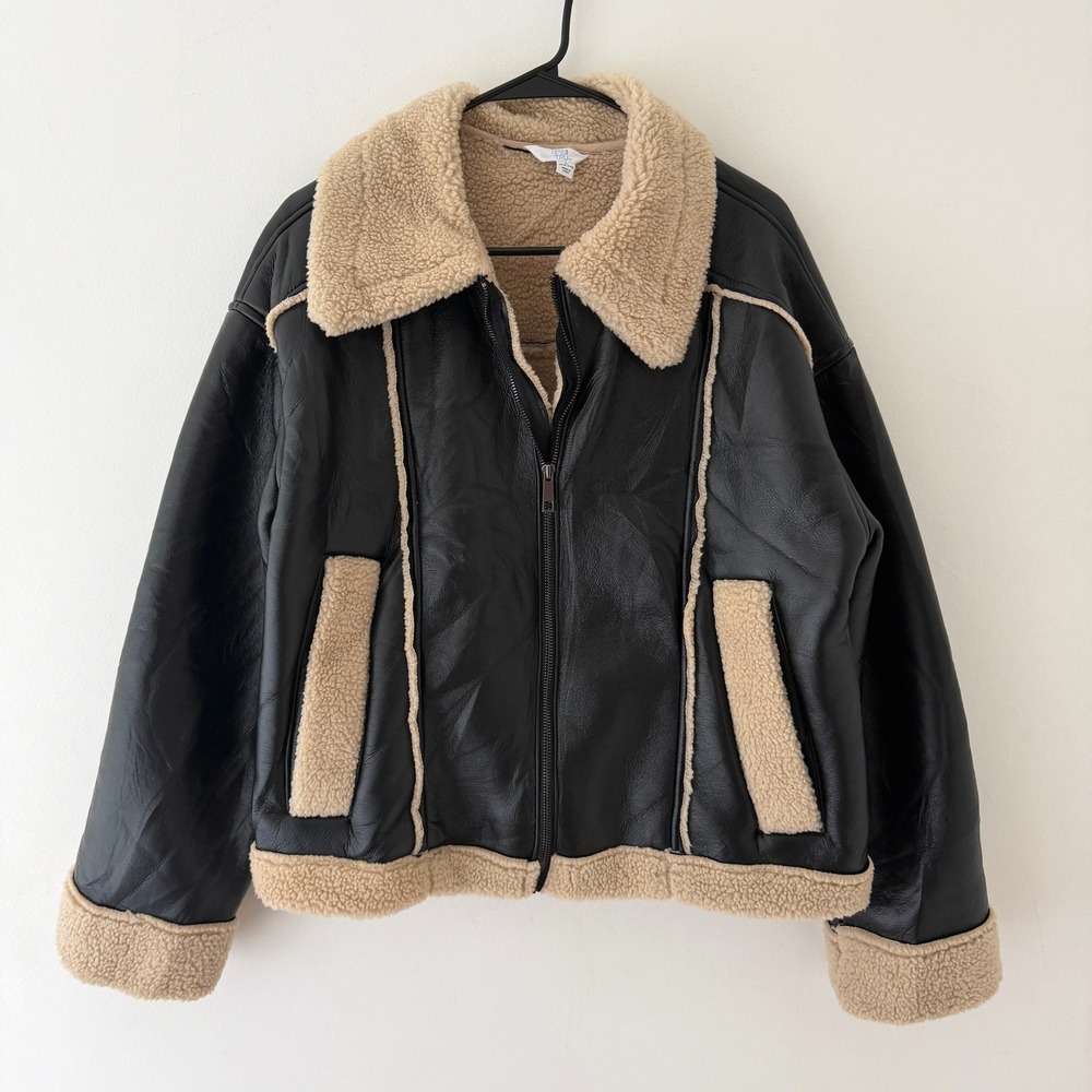 Faux Leather Sherpa Aviator Jacket L Black Cream Pilot Biker Coat